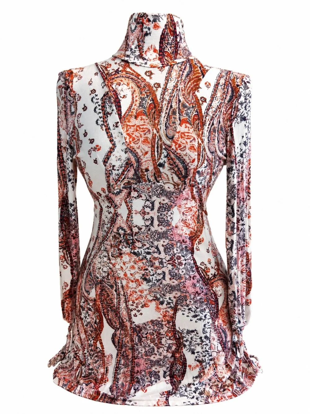 Free People Paisley Mock Neck Open Back Mini Dress M Boho Drawstring Sleeve